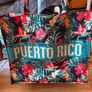 Puerto rico tote bag with birds of paradise and hibiscus flowers